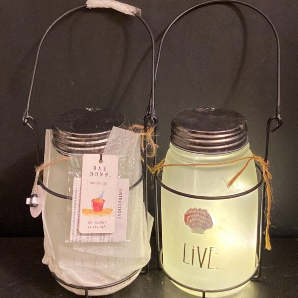2 Rae Dunn LIVE / LISTEN Glassware Mason Jar Lanterns Wired Iron Hanging Light